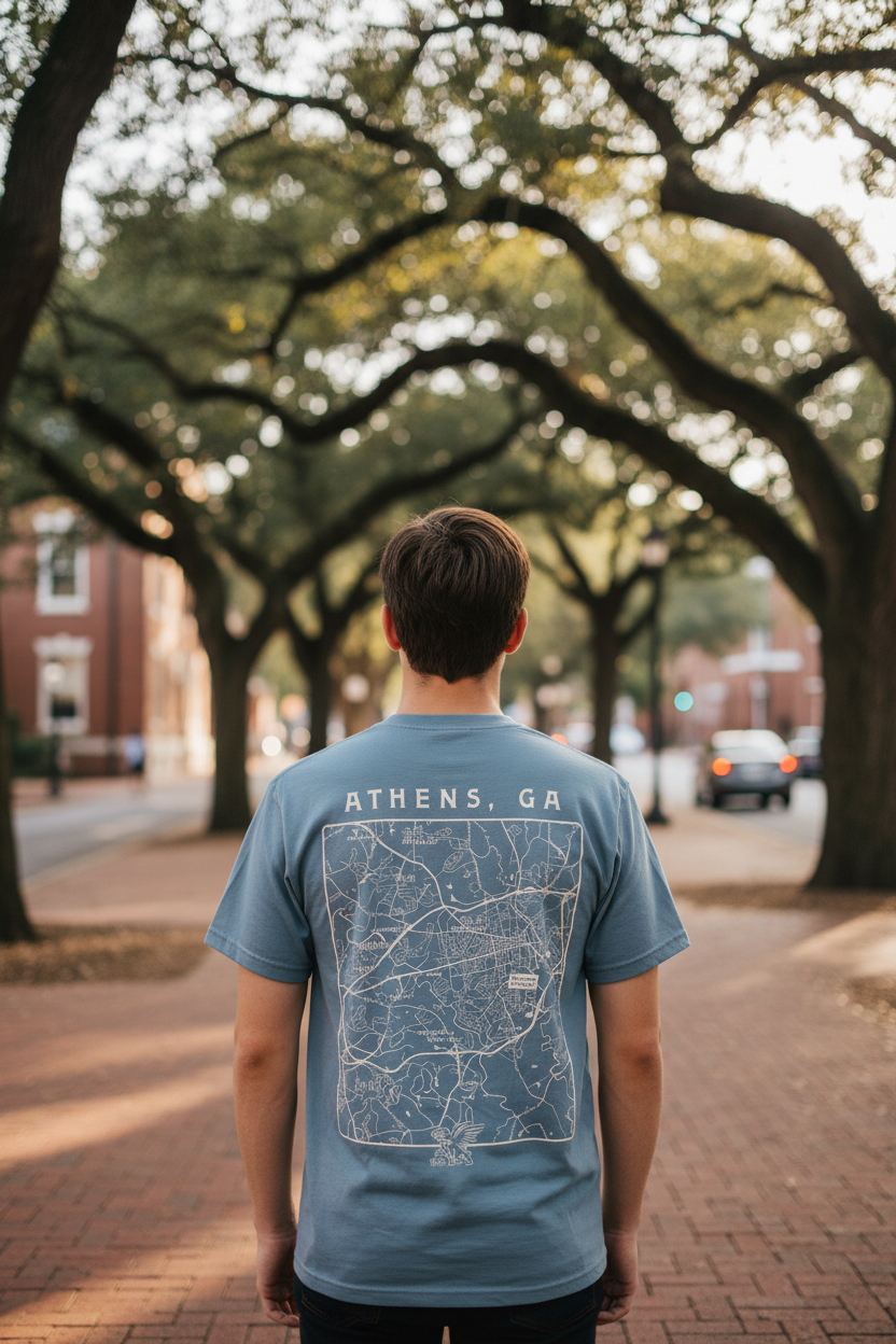 Blue t-shirt with a map of Athens, GA on the back