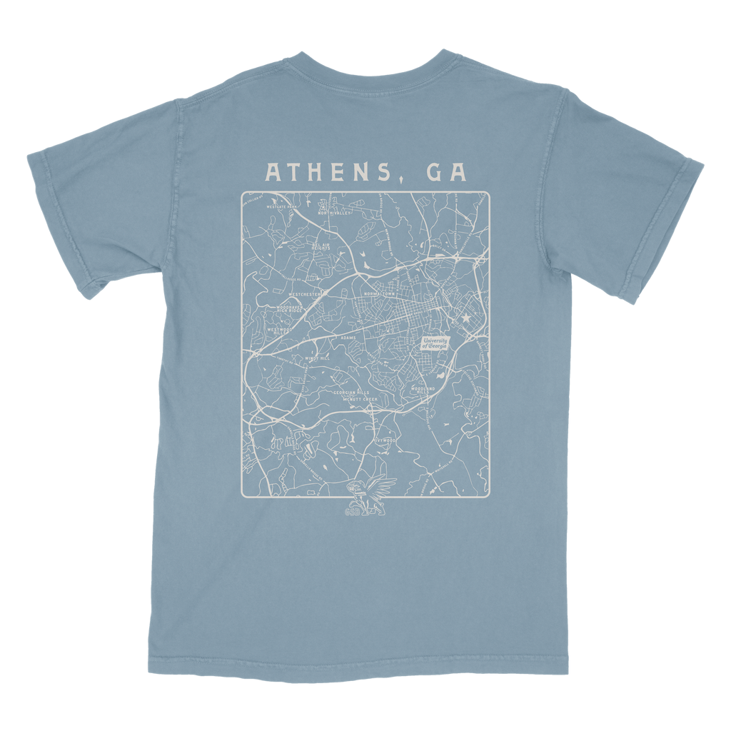 Blue t-shirt with a map of Athens, GA on the back
