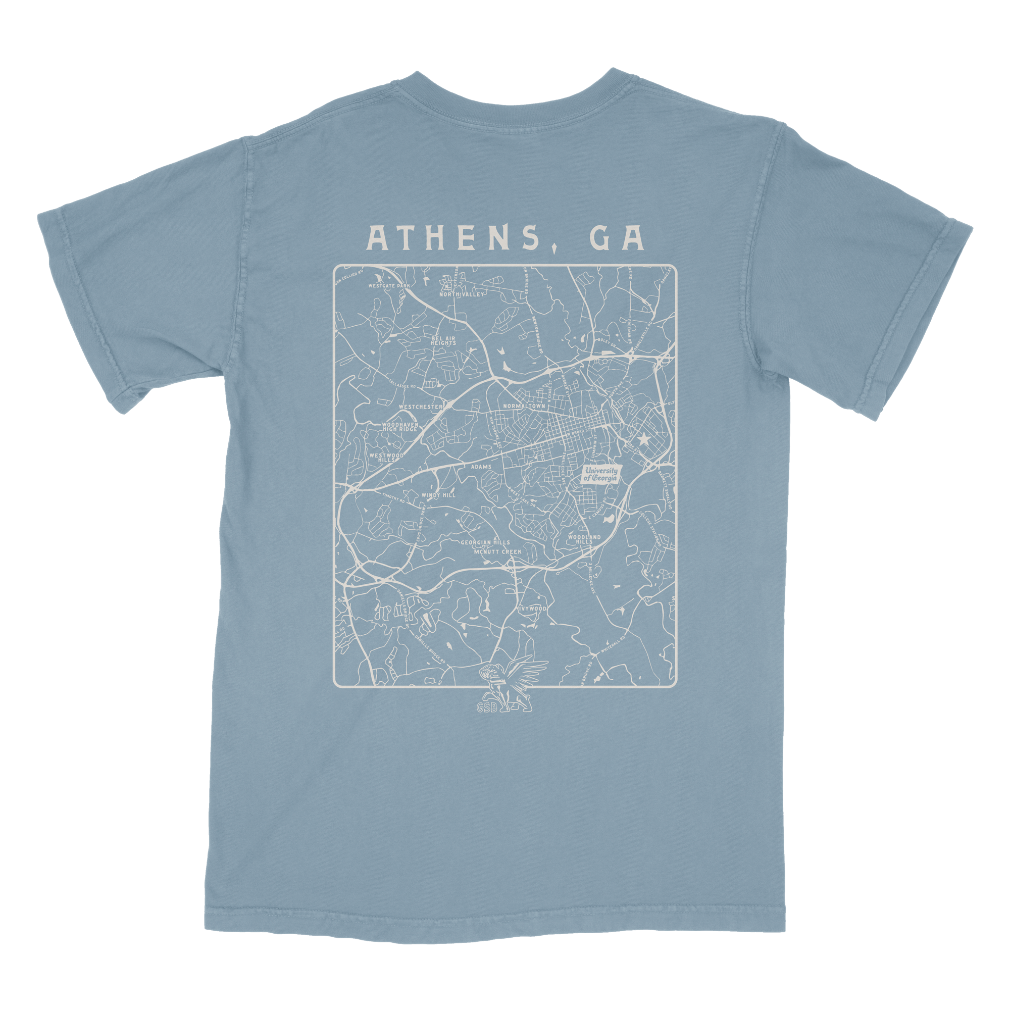 Blue t-shirt with a map of Athens, GA on the back