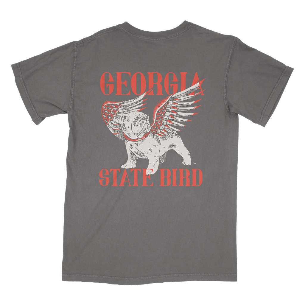 Gray t-shirt with a graphic of a bulldog with wings and 'Georgia State Bird' text on a white background