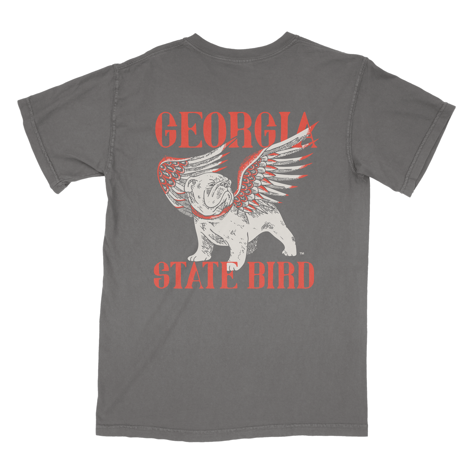 Gray t-shirt with a graphic of a bulldog with wings and 'Georgia State Bird' text on a white background