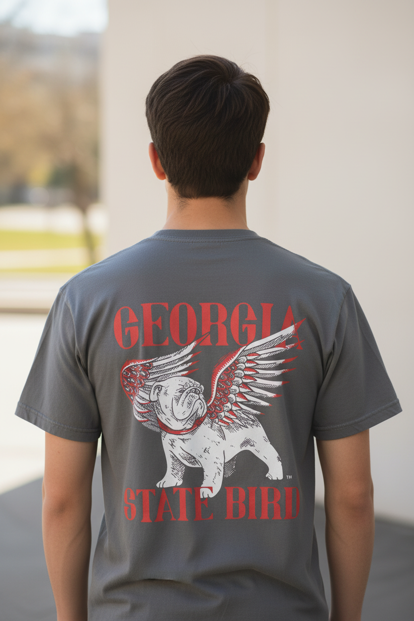 Person wearing a gray t-shirt with 'Georgia State Bird' design on the back.