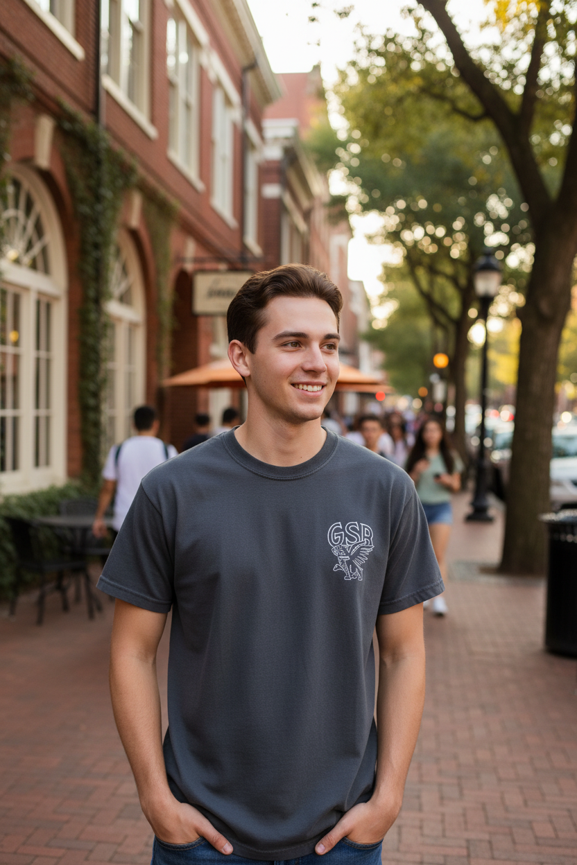 Man wearing a dark grey t-shirt with a Georgia State Bird logo